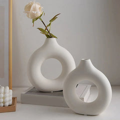 Nordic Vase Circular Hollow Ceramic Flower Vase For Home Living Room Decoration Accessories Interior Office Desktop Decor Gift